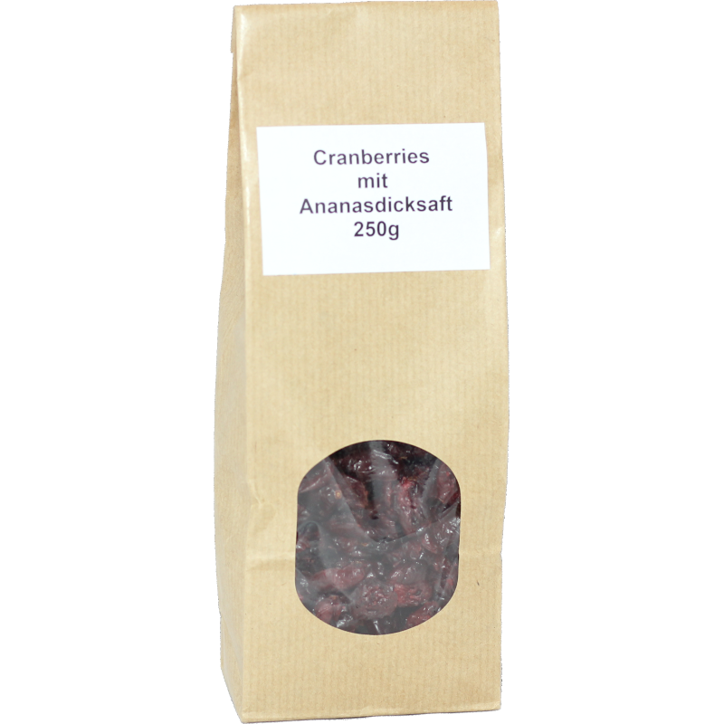 Cranberries mit Ananasdicksaft. 250g Tüte. Cranberries mit Ananasdicksaft. 250g Tüte.